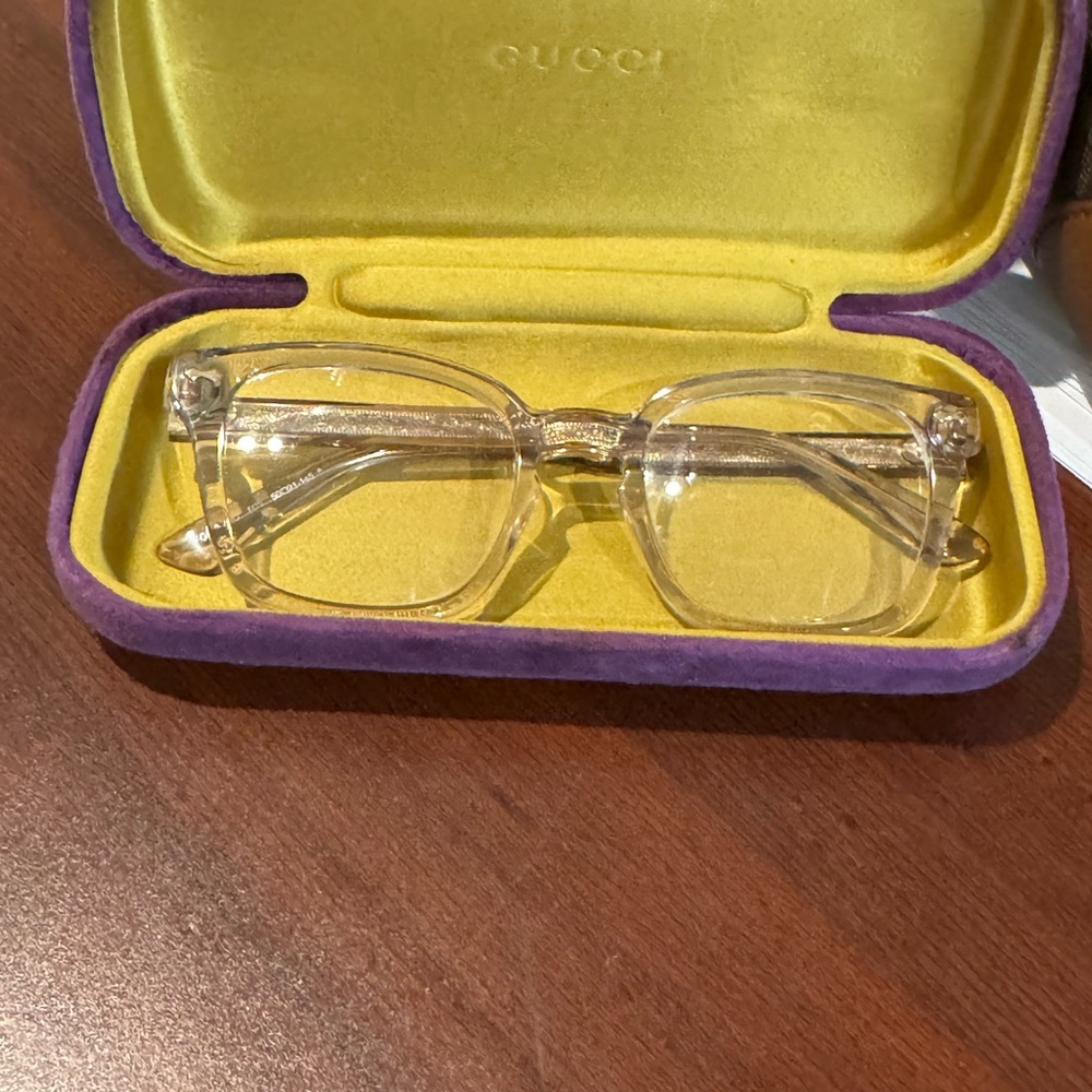 Gucci Clear Eyewear with Vibrant Purple and Yellow Case